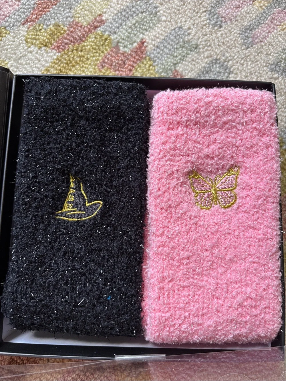 Wicked Cozy Socks (2 prs) Fun Reusable iridescent glitter box Black + Pink NWT